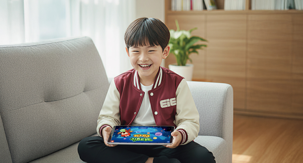 소파에서 태블릿으로 학습하는 아이
