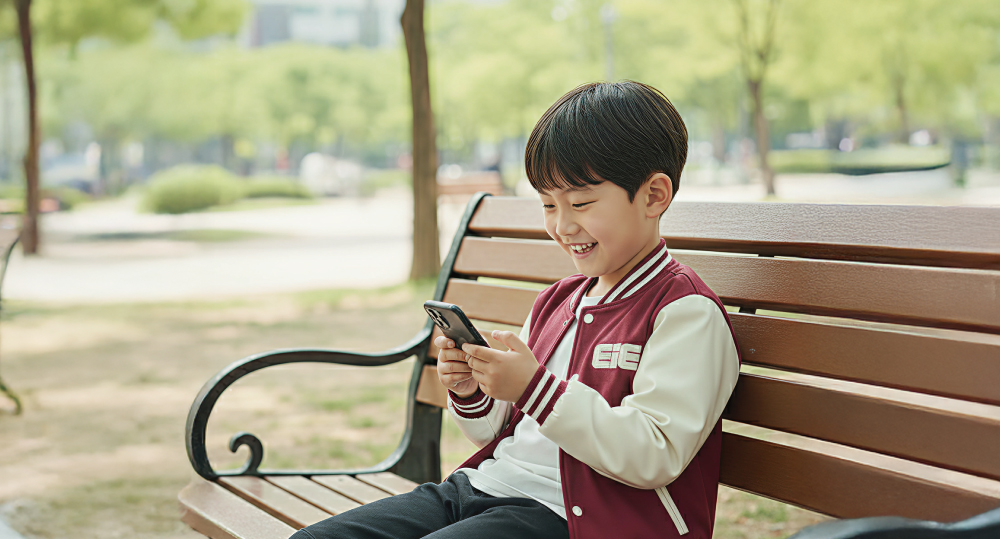 야외 벤치에서 학습하는 아이